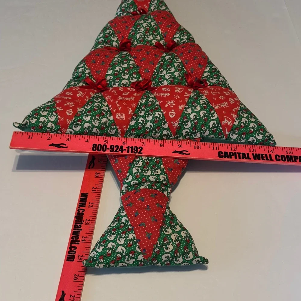 Handmade Quilted Christmas Tree Pillow Red Green Snowman Patchwork Wall Hanging‎